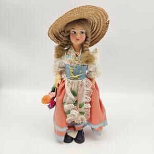 Vintage Magis Roma Italian Costume Doll Straw Hat Basket Flowers Tall Girl